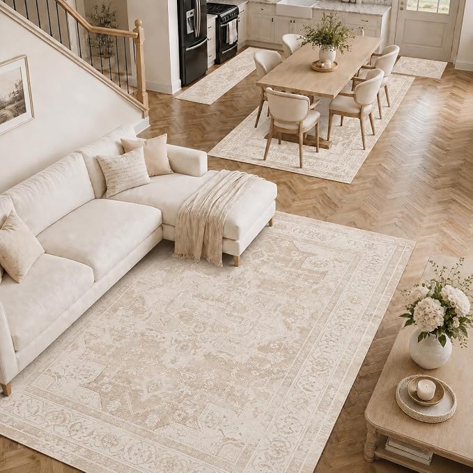 8x10 Area Rugs Living Room: Bedroom Vintage Washable Carpet Beige | Large Non-Slip Soft Rugs Stain Resistant Printed Rug Indoor Carpet for Bedroom Kitchen Dining Room Nursery Playroom Home