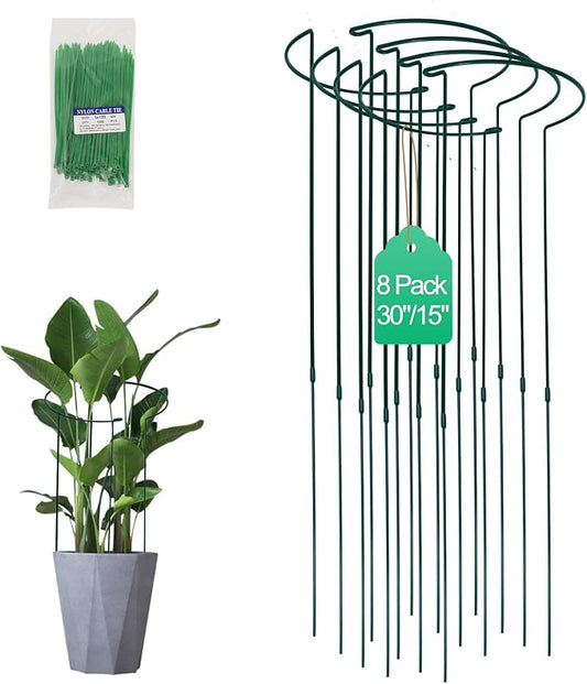 Tall Heavy-Duty 30in Plant Support Stakes - 8 Pack Adjustable Peony Cages & Supports for Outdoor Plants, Half-Round Garden Stakes for Hydrangea, Roses with Extension Stakes