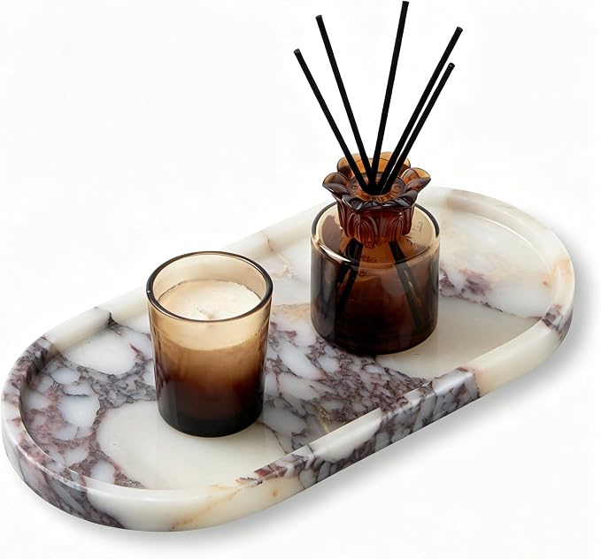 Luxury Natural Oval Marble Tray – 11.8 x 5.9-Inch Calacatta Viola Stone Vanity Tray, Large Makeup Organizer for Perfume Skincare Products, Decorative Tray for Bathroom Coffee Table & Dresser
