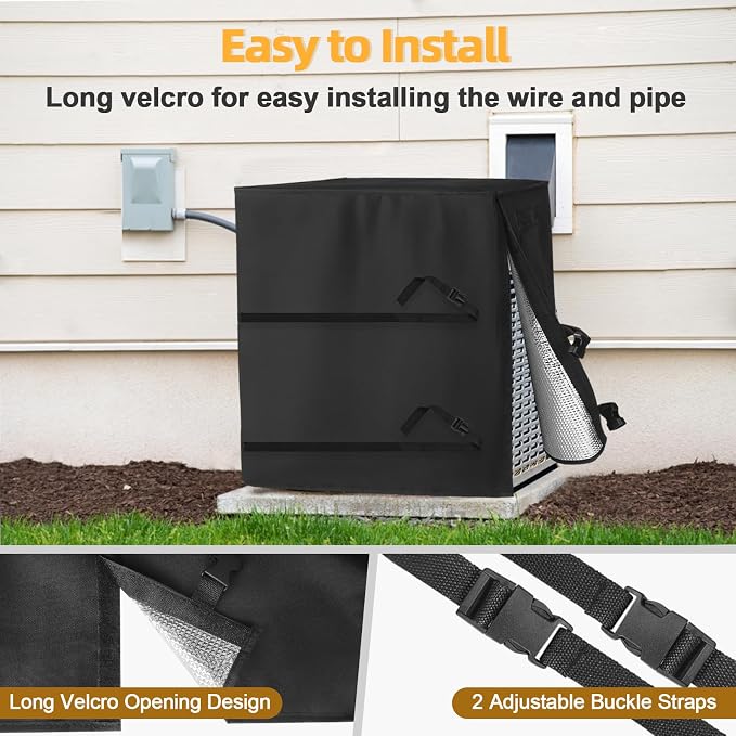 SUNICO Winter Air Conditioner Covers for Outside Units, 36x36x39in, Black | 3 Layers insulation waterproof cover, heavy duty 600D, antifreeze aluminum foil layer, snowproof, windproof buckle strap