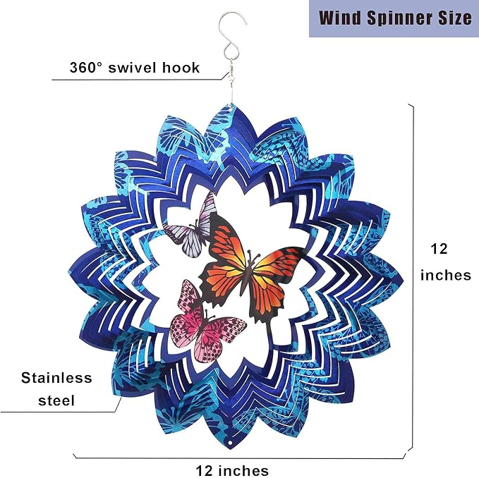 Wind Spinners Butterfly Hanging Outdoor, 13In Stainless Steel Spinfinity Wind Spinner, Blue Wind Chimes for Outside, 3D Kinetic Sculpture Suncatcher, Metal Yard Ornaments, Butterfly Garden Spinners