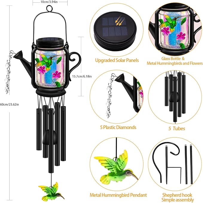 Solar Hummingbird Wind Chimes for Outside - Gifts for Mom Women Grandma,Solar Mason Jar Watering Can Hummingbird Light Unique Hanging Wind Chimes Outdoor,Yard Garden Terrace Courtyard