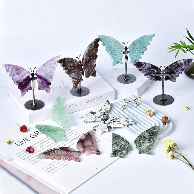 JIC Gem Purple Fluorite Crystals and Stones Crystal Butterfly Art Angel Wings Sculpture Carving,Healing Crystal Ornaments Energy Decorative Stone Reiki Gifts (1pair, 10cm)