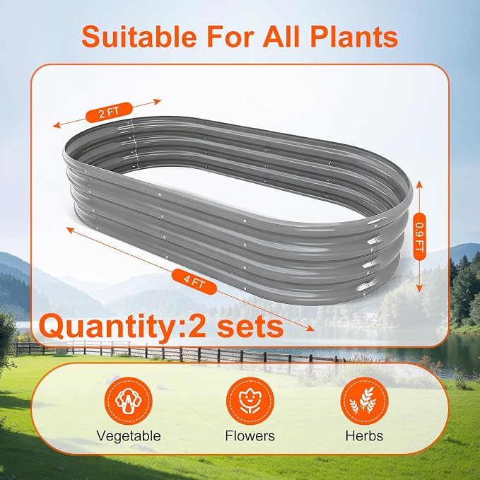 Rakukiri Raised Garden Bed Outdoor, GRS Certified Recycled Metal Planter Box 2 Sets, 4FT Galvanized Oval Herb Garden Kit, Bottomless Large Garden Beds for Vegetables Flowers, Rust-Resistant Gray