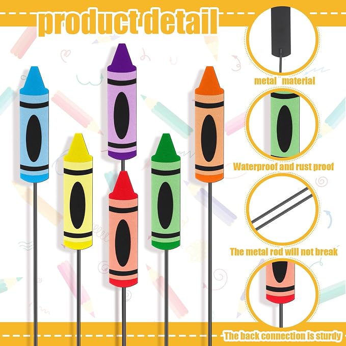 Pickmesh 6 Pcs 12'' H Back to School Decorations Crayon Metal Yard Signs Large Preschool Yard Lawn Outdoor Decor Crayon Party Photo Props for Classroom First Day of School Decor