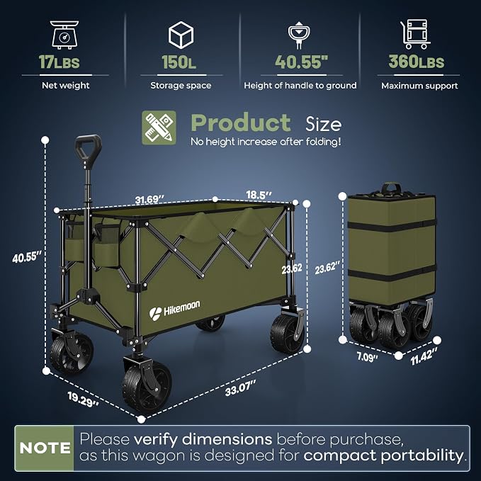 Hikemoon 150L Collapsible Wagons Carts Foldable, 360LBS Heavy Duty Folding Beach Cart with Big All-Terrain Wheels, Portable Utility Wagon for Grocery, Shopping, Garden, Sports, Green