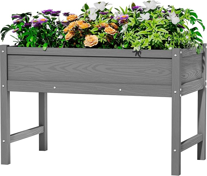 Weatherproof Raised Garden Bed, HDPE Outdoor Elevated Planter Box with Legs, Garden Box, Flower Beds for Patio, Deck, Balcony (Grey)