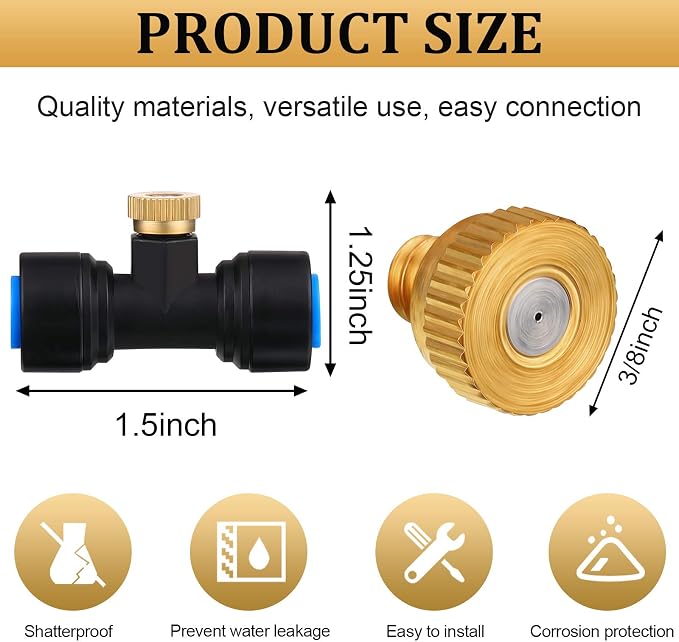 Hotop 15 Pieces Brass Misting Nozzles 1/4 Inch, Mister Replacement Nozzles Tees with Plugs for Outdoor Cooling System, Misting System Accessories for Patio, Greenhouse, Garden