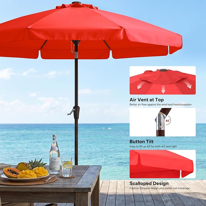 ABCCANOPY 9ft Scalloped Patio Umbrella, Outdoor Table Umbrella with Tilt and Crank, Fiberglass Ribs Deck Umbrella for Patio, Pool, Garden, Picnic (Red)