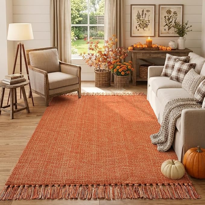 4' x 6' Living Room Area Rug, Fall Modern Comfy Bedroom Rugs | Terracotta Hand-Woven Dining Room Carpet, Reversible Braided Accent Rug for Nursery Room Bedside Dorm, Fall Decor