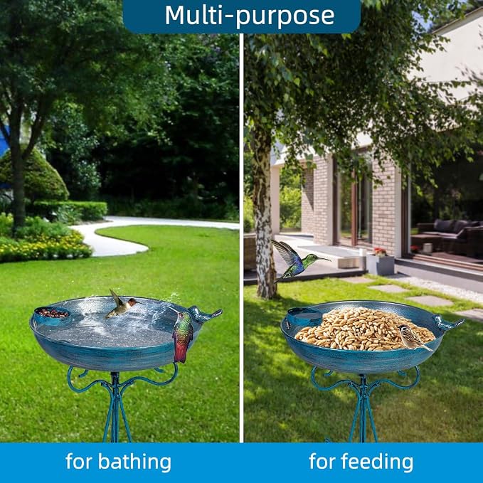 DREAMSOUL Blue Bird Bath Stand, 12" Dia Bird Bath for Outside Metal Birdbath with Folding Bracket for Patio Lawn Garden Decor