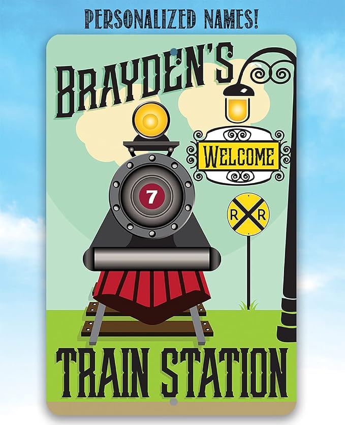 Personalized Train Station - Cute Railroad Crossing Decor, Baby Boy Room Accessories, Playroom Decoration and Custom Baby Shower Gift, 8x12 or 12x18 Use Indoors or Outdoors Durable Metal Sign
