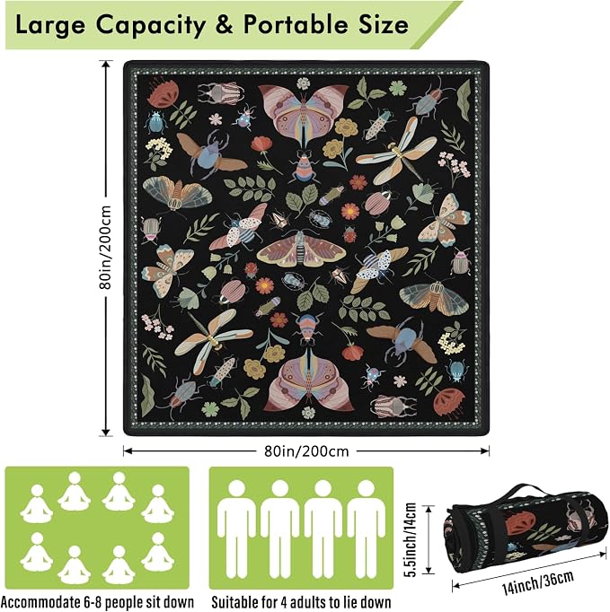 Insect Picnic Blankets Waterproof Foldable, 80″X80″ Extra Large Picnic Mat Boho Outdoor Blanket for Grass, Cute Packable Beach Blanket Sandproof Picnic Accessories for Camping Music Festival Park Lawn