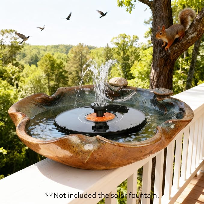Ceramic Bird Bath and Feeder, Heavy Duty 12.5-Inch Ground Feeding Bowl, Wildlife Water Station for Squirrel Rabbit Bird Bee - Garden, Yard, Balcony Décor