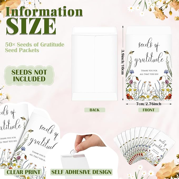 Chuangdi 50 Sets Seeds of Gratitude Seed Packets Bulk Wildflower Party Favors Self Adhesive Paper Empty Envelope with Thank You Tags Thank You Gifts for Baby Shower Wedding Party Guests (No Seed)