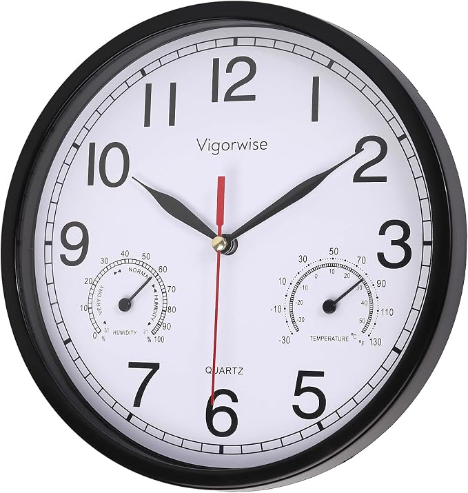 Wall Clock, Sweep Silent Movement Accurate Clocks with Temperature & Humidity, Decorative for Kitchen/Living Room/Bedroom/Office/School/Classroom (Black, 8 inch)