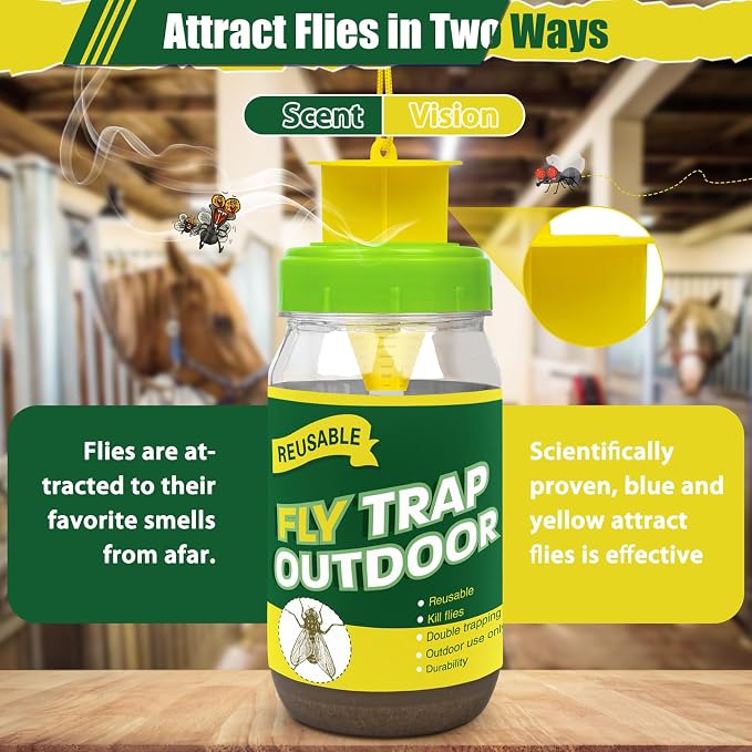 4 Pack Reusable Fly Traps Outdoor Jar with Natural Flies Trap Refill, Bug Catcher and Ranch Fly Hunter Insect Outdoor Repellent Killer for Stable Horse, Garden
