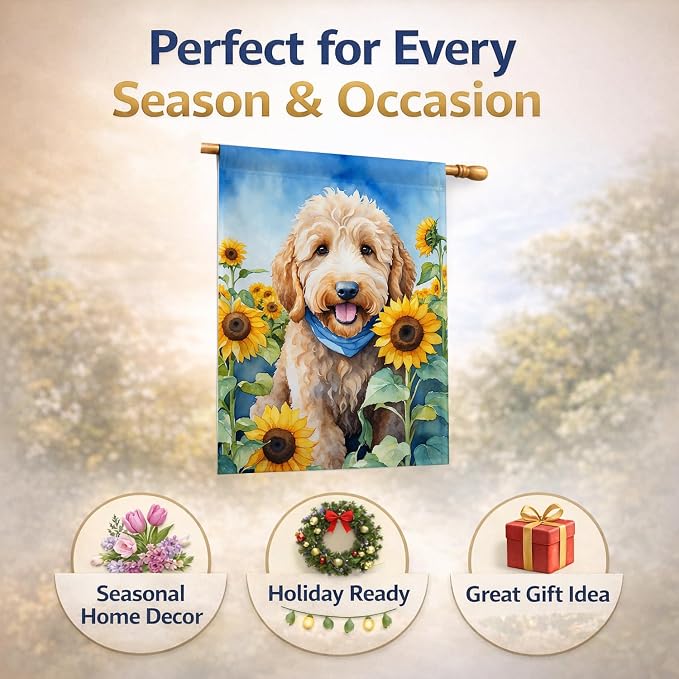 Caroline's Treasures DAC6089CHF Goldendoodle in Sunflowers House Flag Large Porch Sleeve Pole Decorative Outside Yard Banner Artwork Wall Hanging, Polyester, House Size, Multicolor