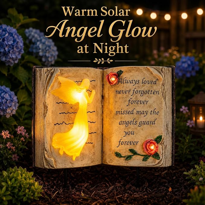 Solar Memorial Garden Lights, Angel Book Statue with Warm LED Glow, Weather-Resistant Outdoor Cemetery Decorations with 2 Removable Stakes, Sympathy Gifts for Loss of Loved One, Garden Yard Decor