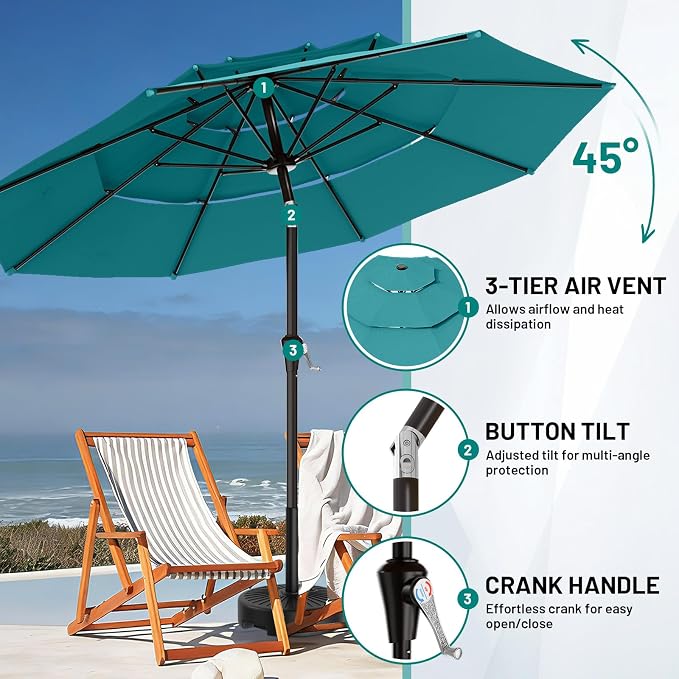 AreShark 9ft 3-Tier Patio Umbrellas, Outdoor Umbrella with 8 Sturdy Ribs UV Protection Windproof, Market Table Umbrella w/Push Button Tilt & Crank for Pool, Porch, Deck, Garden(Lake Blue)