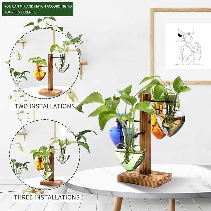 Plant Terrarium Propagation Stations with Wooden Stand | Glass Vase for Indoor Hydroponics Home Garden Office Decoration Gift for Women - 4 Love Bulb Vase