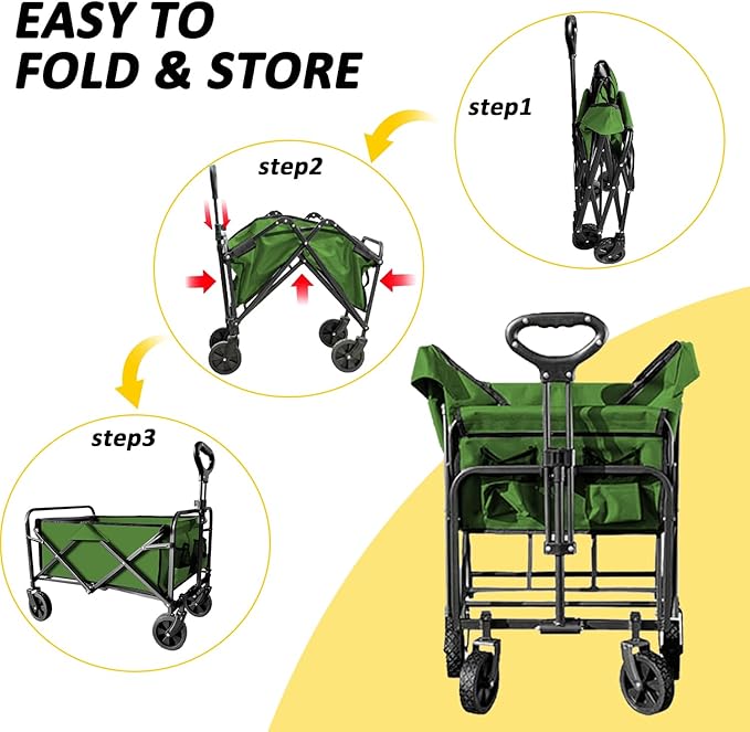 Collapsible Wagon with Quiet Wheels - Silent Grocery Shopping Cart for Seniors, Foldable Utility Cart for Laundry & Apartment, Washable Heavy Duty Rolling Wagon with Two Mesh Pockets, Green