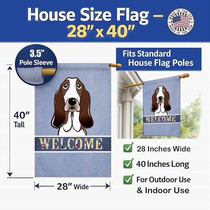Caroline's Treasures BB1429CHF Basset Hound Welcome House Flag, Blue Large Porch Sleeve Pole Decorative Outside Yard Banner Artwork Wall Hanging, Polyester, House Size, Multicolor