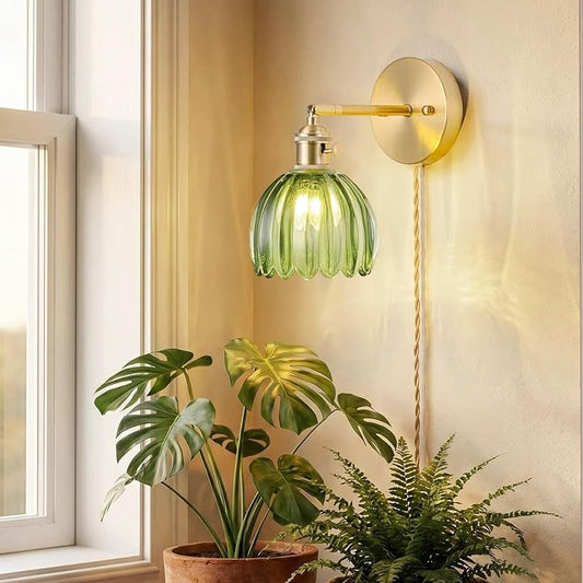 Wall Mounted Grow Lights for Indoor Plants with Vintage Tulip Glass Shade, Switch and Power Cord, Decorative Hanging Plants Light for Growing