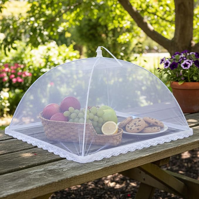 6 Pack Mesh Food Covers 17 Inch, White Pop-Up Food Tents, Collapsible Umbrella Screen Covers for Parties, BBQs, Picnics, Outdoor Camping Dining, Reusable Fly Cover