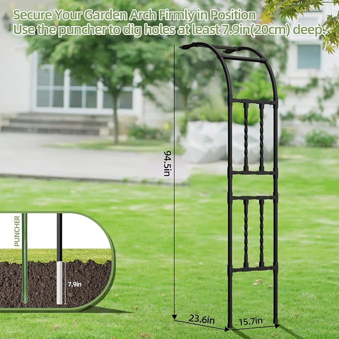 Square Tube Half Garden Arch Trellis 2.0FT×7.9FT,Metal Black Outdoor Arbor for Climbing Plants,Garden Archway for Patio Lawn Backyard