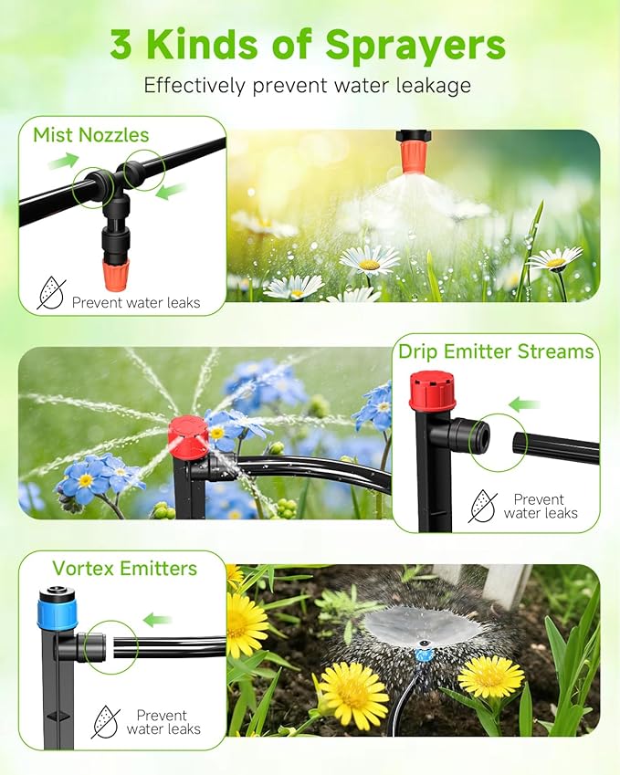 124FT Drip Irrigation System with LCD Timer, Automatic Watering System Kits,5/16 Inch Hose 1/4 Inch Distribution Tubing 3 Sprayer Types, for Garden, Greenhouse, Garden, Lawn