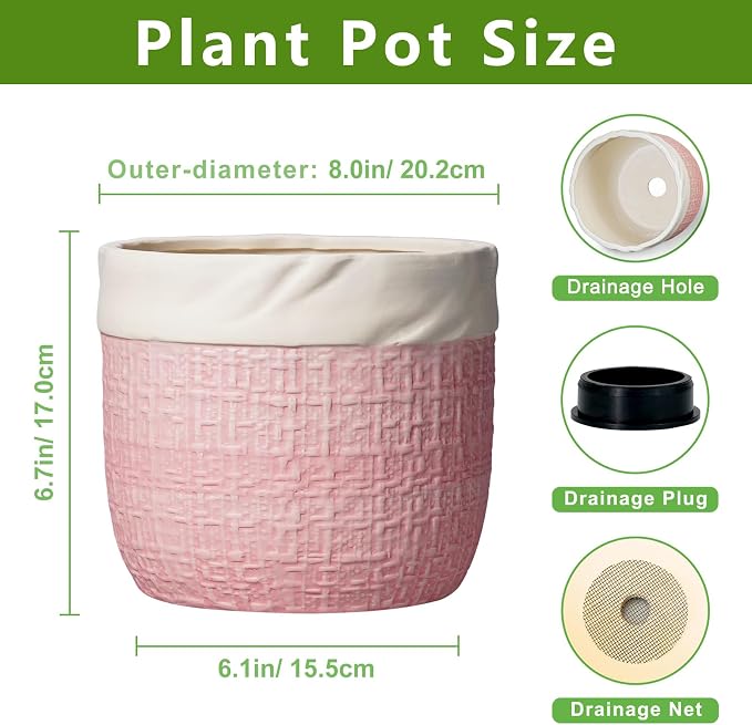 Ceramic Plant Pots - 8 Inch Planter for Indoor Plants Outdoor, Decorative Planter with Drainage Hole and Plug, Boho Round Unique Flower Pots, Home Decor, Gifts for Plant Lovers, Pink