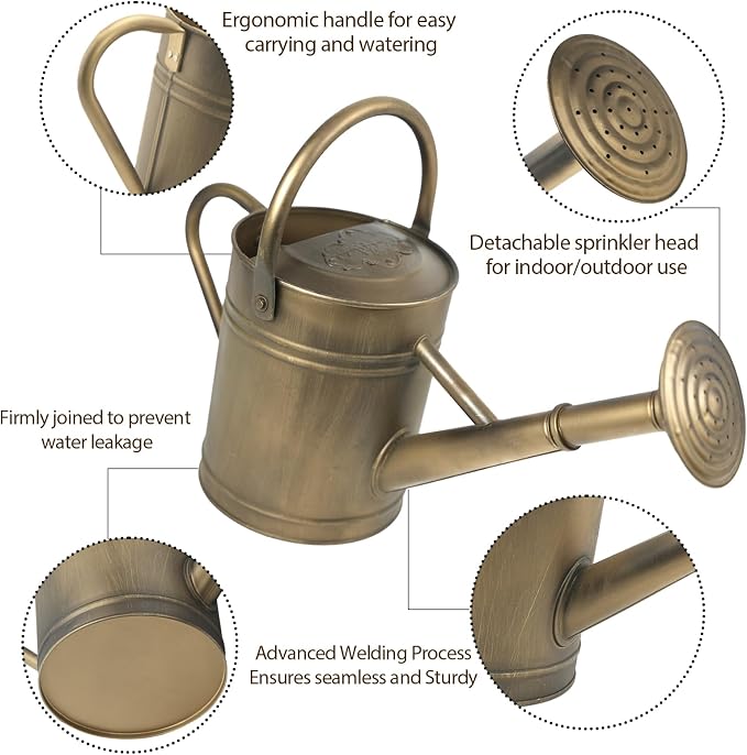 1 Gallon Galvanized Metal Watering Can, Retro Bronze Tone with Detachable Spout, Vintage Rustic Decorative Water Pot for Home Garden Indoor Outdoor Plants