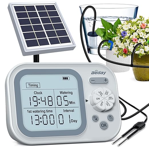 Solar Drip Irrigation System, 50FT Automatic Plant Watering Kit for 15 Potted Plants, IP67 Waterproof Solar Irrigation Indoor and Outdoor Use with Multi-Timer Modes for Garden, Balcony,Patio