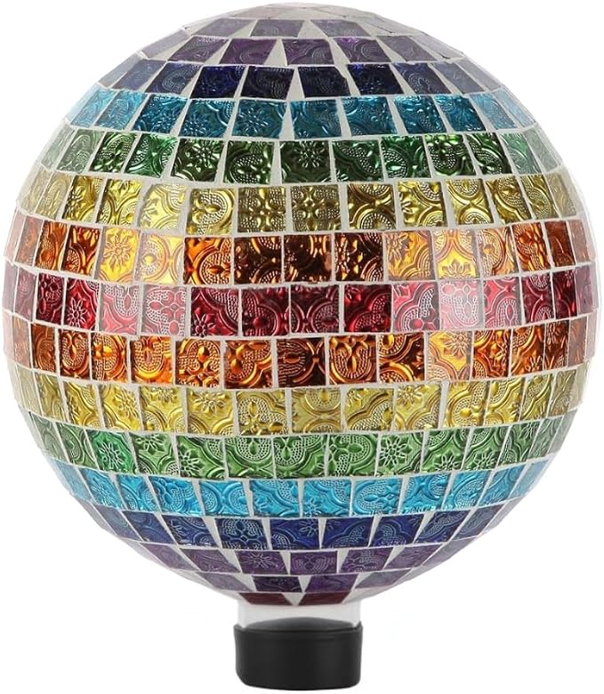Lily's Home Colorful Mosaic Glass Gazing Ball, Designed with a Stunning Holographic Petal Mosaic Pattern to Bring Color to Any Home and Garden, Multicolor (10" Diameter)