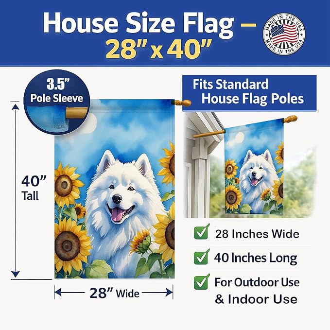 Caroline's Treasures DAC6153CHF Samoyed in Sunflowers House Flag Large Porch Sleeve Pole Decorative Outside Yard Banner Artwork Wall Hanging, Polyester, House Size, Multicolor