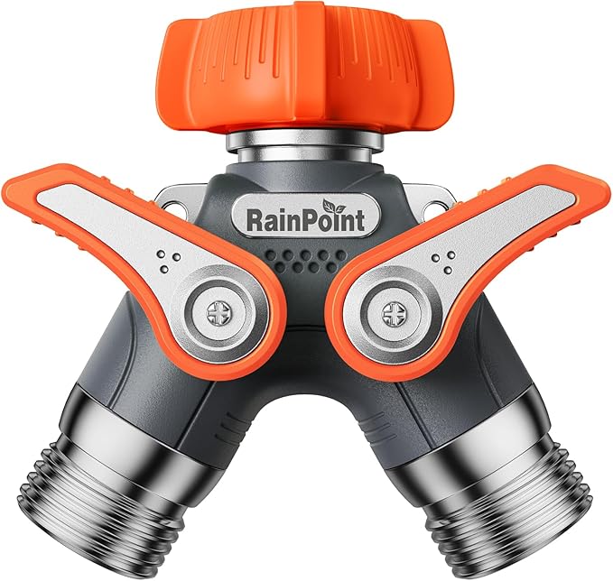RAINPOINT Garden Hose Splitter 2 Way Heavy Duty, Water Hose Y Spigot Splitter with Shutoff Valves,100% Metal Body Water Hose Connector with Shut-Off Valve, 1.9" Metal Handle, 3/4" GHT Thread(Orange)