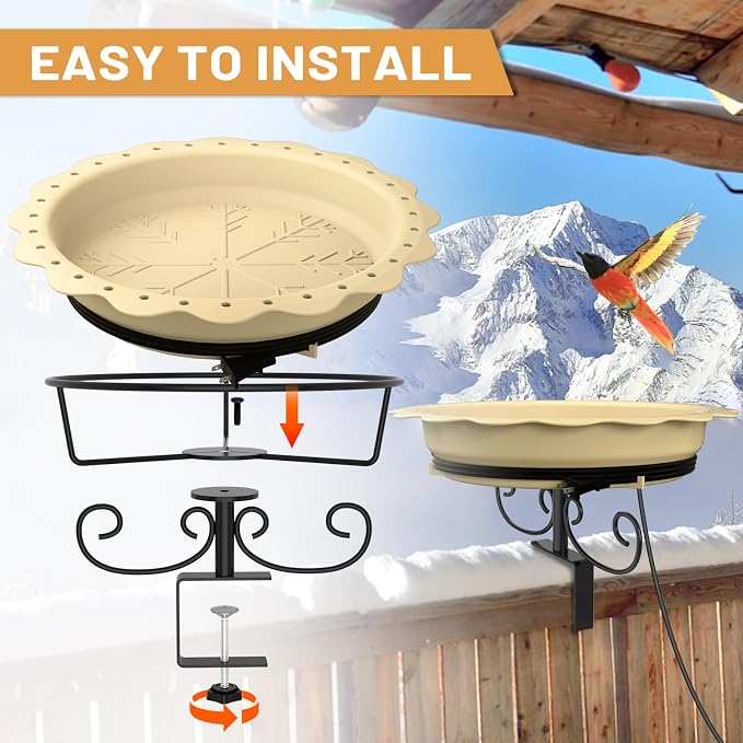 Heated Bird Baths for Outdoors, 100W Heated Bird Bath for Deck Railing, Heated Birdbath with Thermostat Control, Heated Bird Bath for Outside Winter Garden Patio Yard (Yellow)