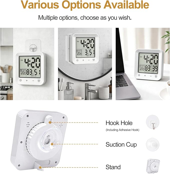 Shower Clock Waterproof, Bathroom Digital Clock with Timer, LCD Display, Touch Screen, Suction Cup, Temp, Seconds, Hanging, Hole Stand, Digital Wall Clocks Battery Operated for Kids and Adults