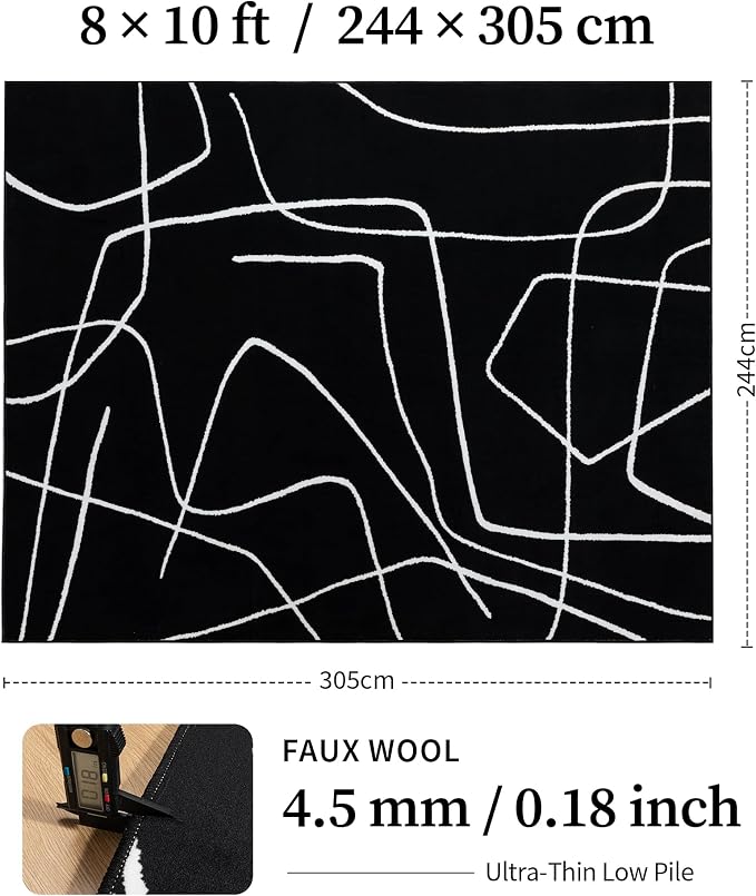 8x10 Washable Modern Abstract Black White Area Rug | Ultra-Thin Low Pile, Non-Slip TPE Backing, Soft Stain Resistant, Machine Washable, for Hallway Entryway Laundry High Traffic