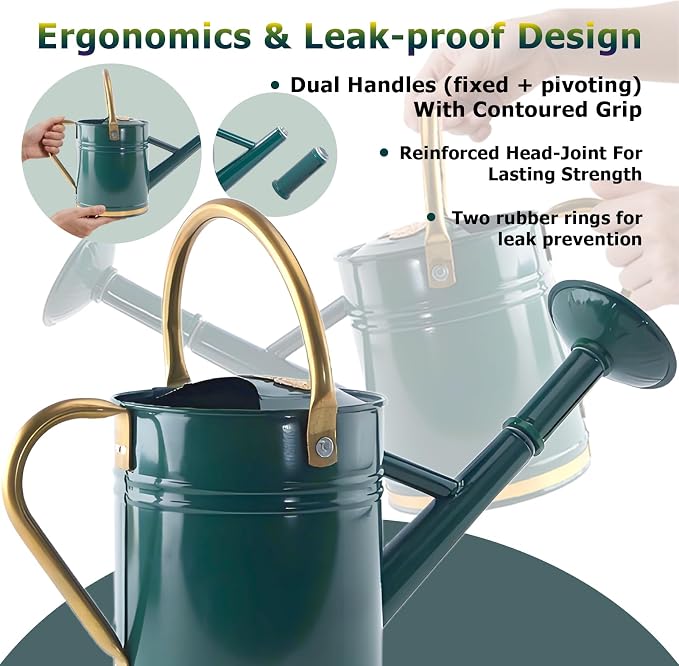 1 Gallon Green Metal Watering Can with Solid Brass Details, Removable Watering Rose, Decorative Garden Can for Indoor Plants, Patio and Greenhouse
