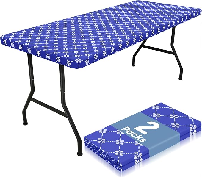 misaya 2 Pack Rectangle Vinyl Table Cloth, Elastic Fitted Tablecloth with Flannel Backing, Waterproof Plastic Table Cover Fits 6 Foot Folding Tables for Picnic, Camping and Outdoor (Blue, 30" x 72")