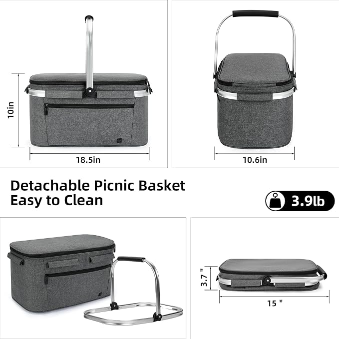 ALLCAMP Picnic Basket - 2 Ice Box Included 32L Insulated Cooler, Thickening Foldable Picnic Basket with Removable Baskets & Sewn-in Frame, Basket for House Warming Gifts New Home(Smoke Gray)