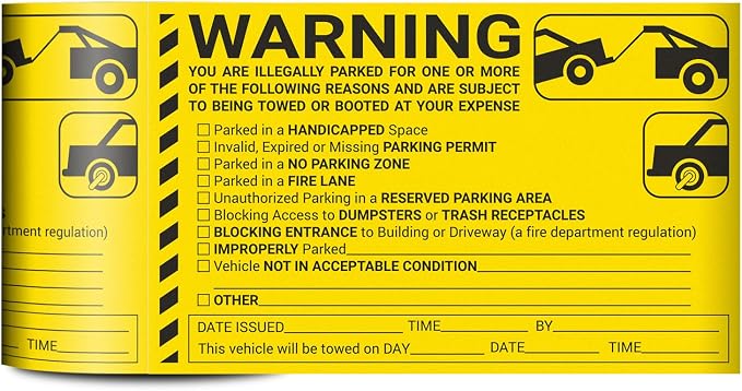 Illegally Parked Area Warning Labels, 8 x 5 inch, Yellow, 300 Labels | Will Be Towed Stickers, NO Parking Allowed, Hard to Remove, HOA Notice