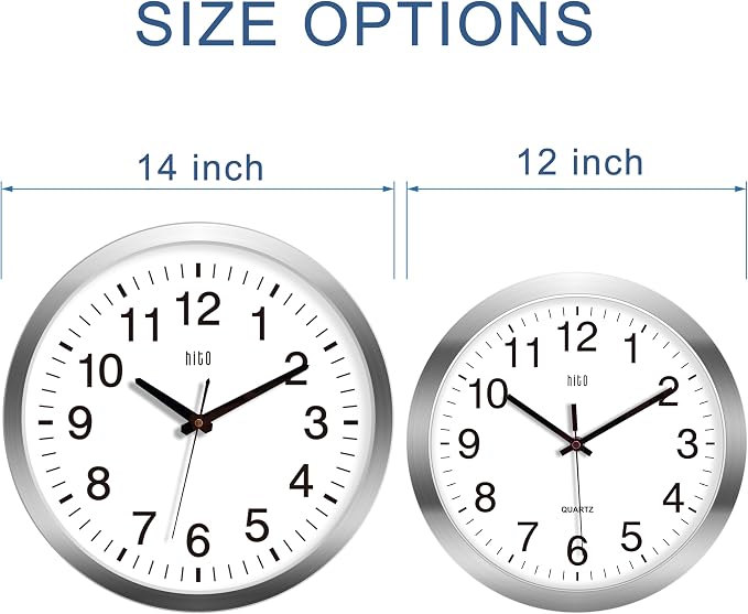 HITO 14" Silent Wall Clock Battery Operated Non Ticking Sweep Movement Glass Cover Silver Aluminum Frame, for Kitchen, Bedroom, Home Office, Living Room Decor