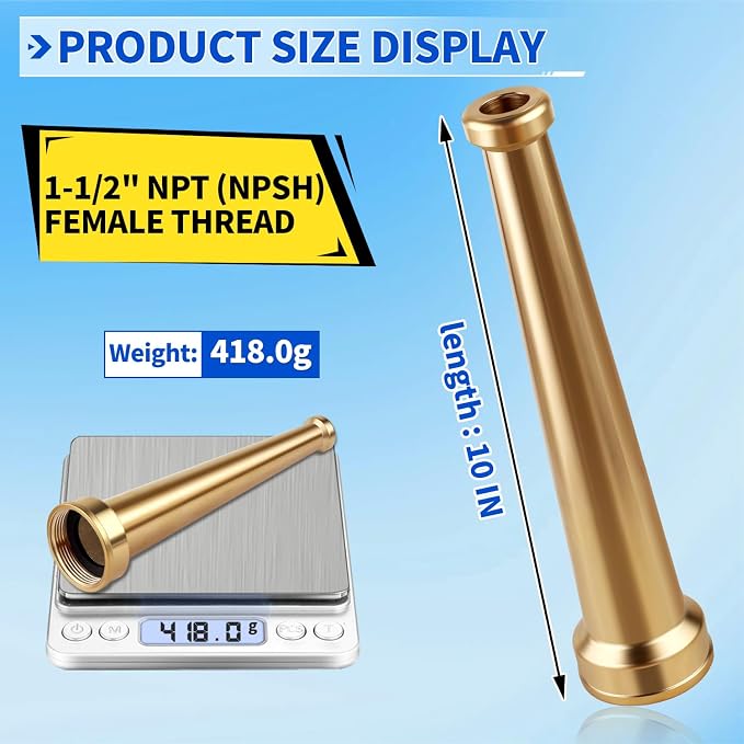 Brass Fire Equipment Hose Nozzle, 1-1/2'' NPT(NPSH) Fire Hydrant Hose Nozzle, 10" Length, 1/2" Orifice (1.5'' NPT/NPSH)