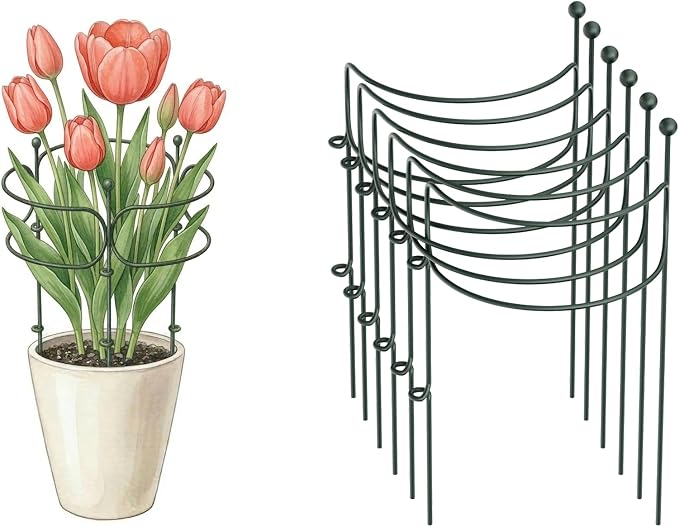6 Pack Curved Plant Support Stakes, Dual Half Round Metal Garden Plant Stake, Peony Cages and Supports, 10"(W) x 20" (H) Flower Support Ring for Peonies, Hydrangea