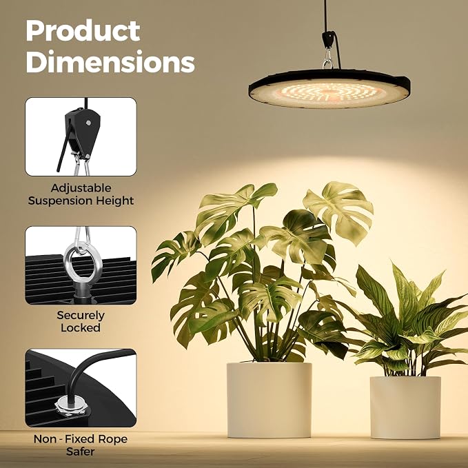Bamworld Hanging Grow Light for Indoor Plants 12in Large Head Full Spectrum 10 Dimmable Levels LED Grow Light Height Adjustable Long Cord Timer Ideal for Greenhouse Garden Large Tall Plants Black