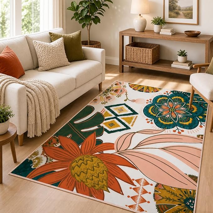Tyrot Boho Floral 3x5 Washable Area Rug Flat Woven Ultra-Thin Low Pile Rug Non Slip Indoor Rug for Living Room, Bedroom, Entryway, Nursery, Dorm, Blush Pink