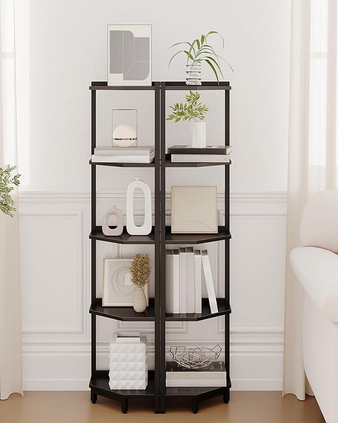 Hzuaneri Corner Shelf Stand, Corner Bookshelf, Storage Standing Shelf Unit with Metal Frame, Plant Stand, Bookcase for Living Room, Home Office, Bedroom, 5-Tier Black CS05906B